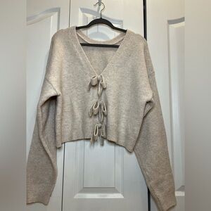 Mable Beige Cardigan with Bow Accents- M